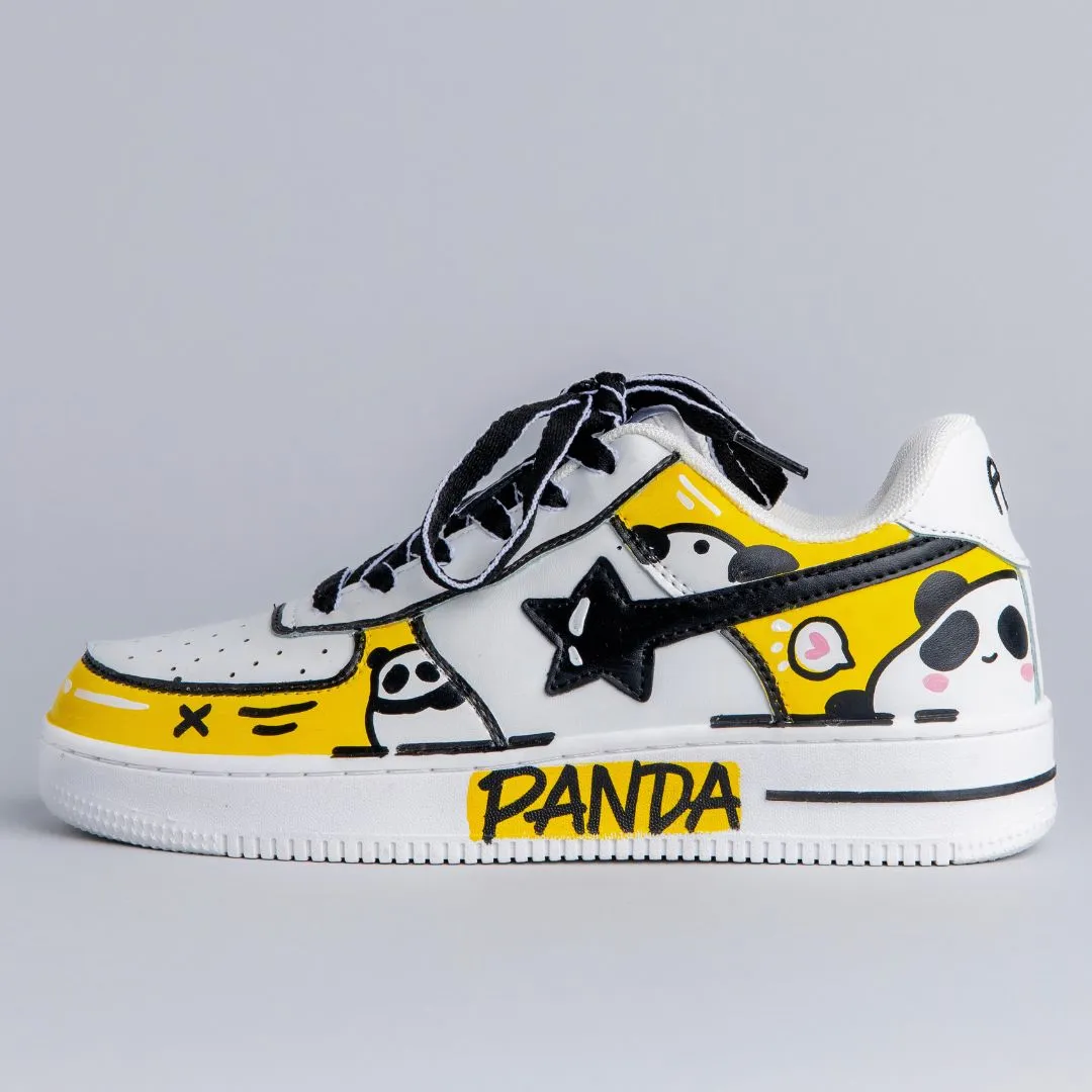 Hand Painted Yellow Panda Casual White Shoes - Unisex Street Ride