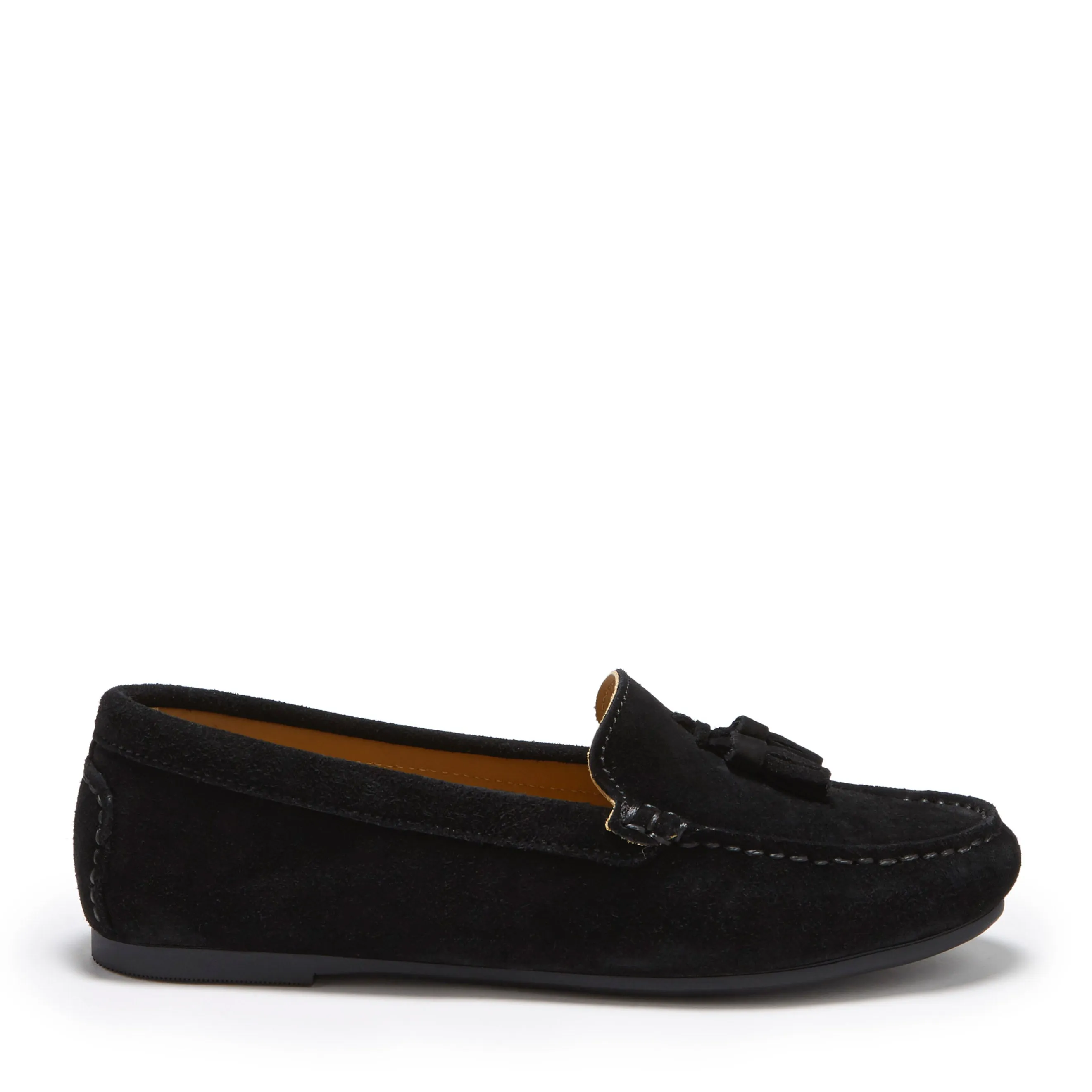 Relaxed Mood Women's Tasselled Driving Loafers Full Rubber Sole, black suede