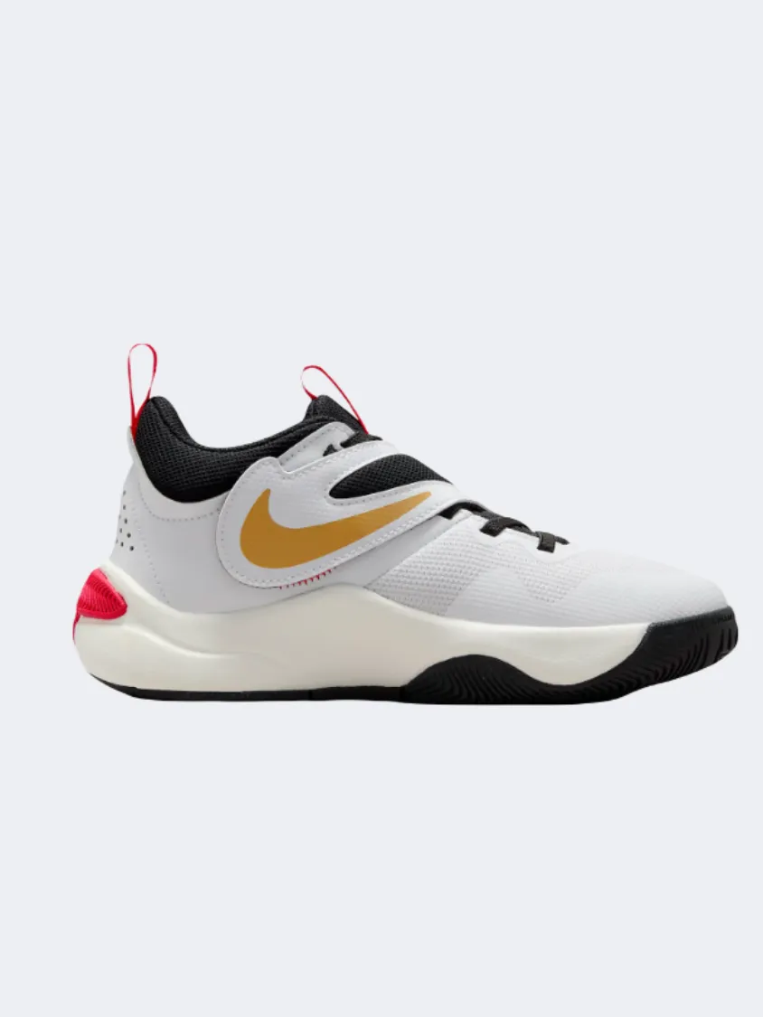 Nike Team Hustle 11 Gs-Boys Basketball Shoes White/Gold/Red/Black Asymmetric Lacing Web