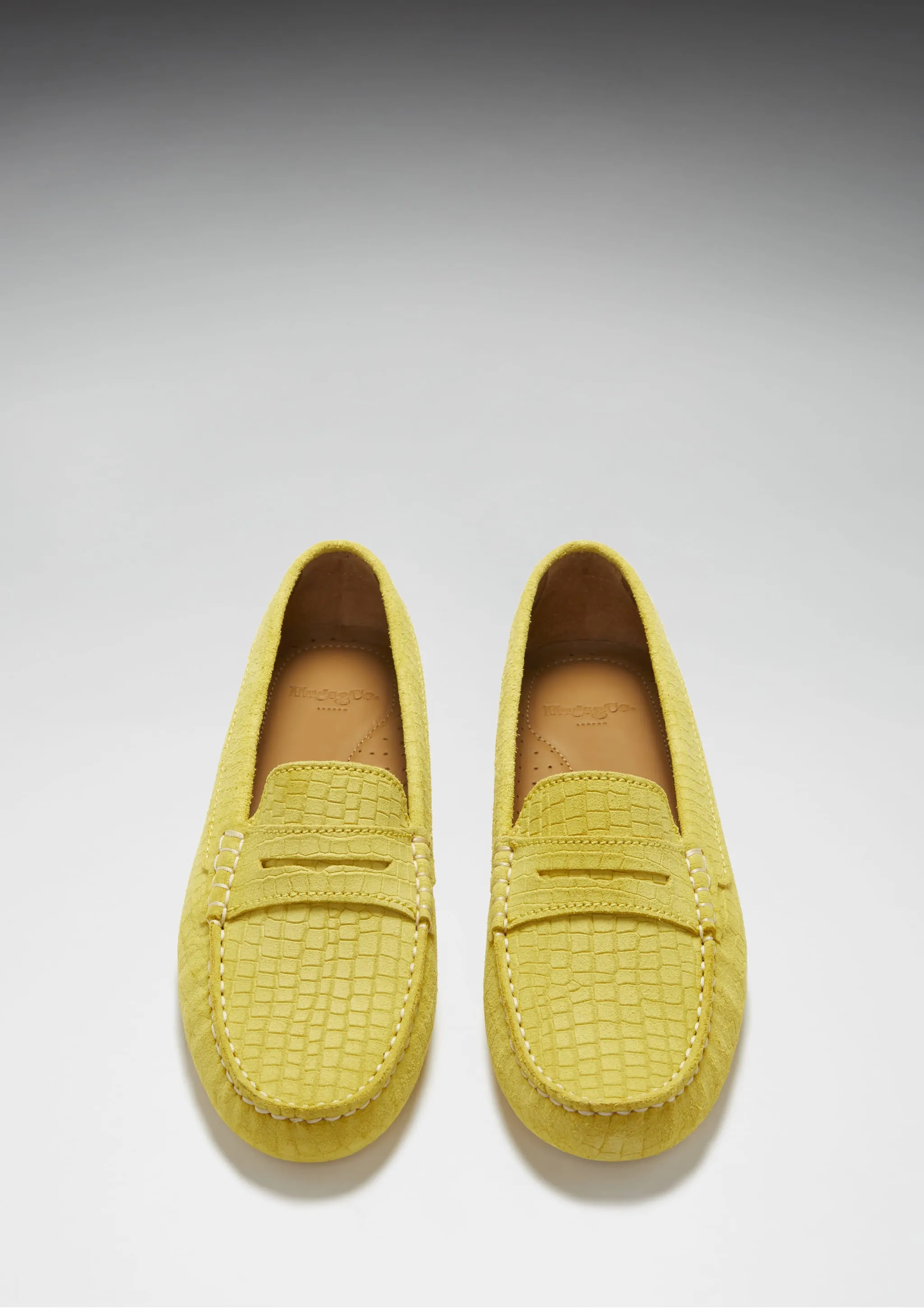Women's Penny Driving Loafers, yellow embossed suede Investor Meeting