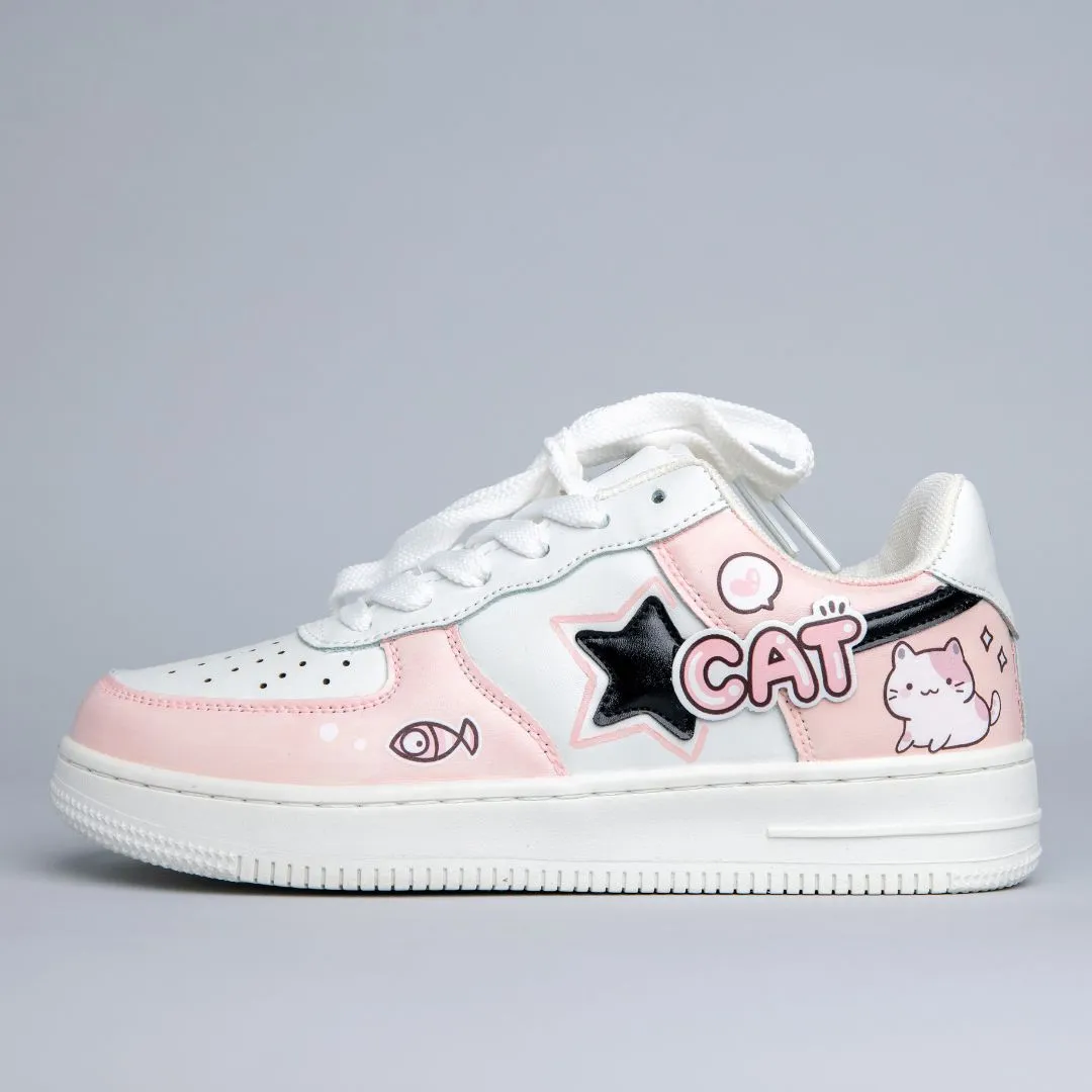Heavy Duty Freestyle Action Ride Hand Painted Loving Cat Strawberry Milk Pink Sneakers - Unisex