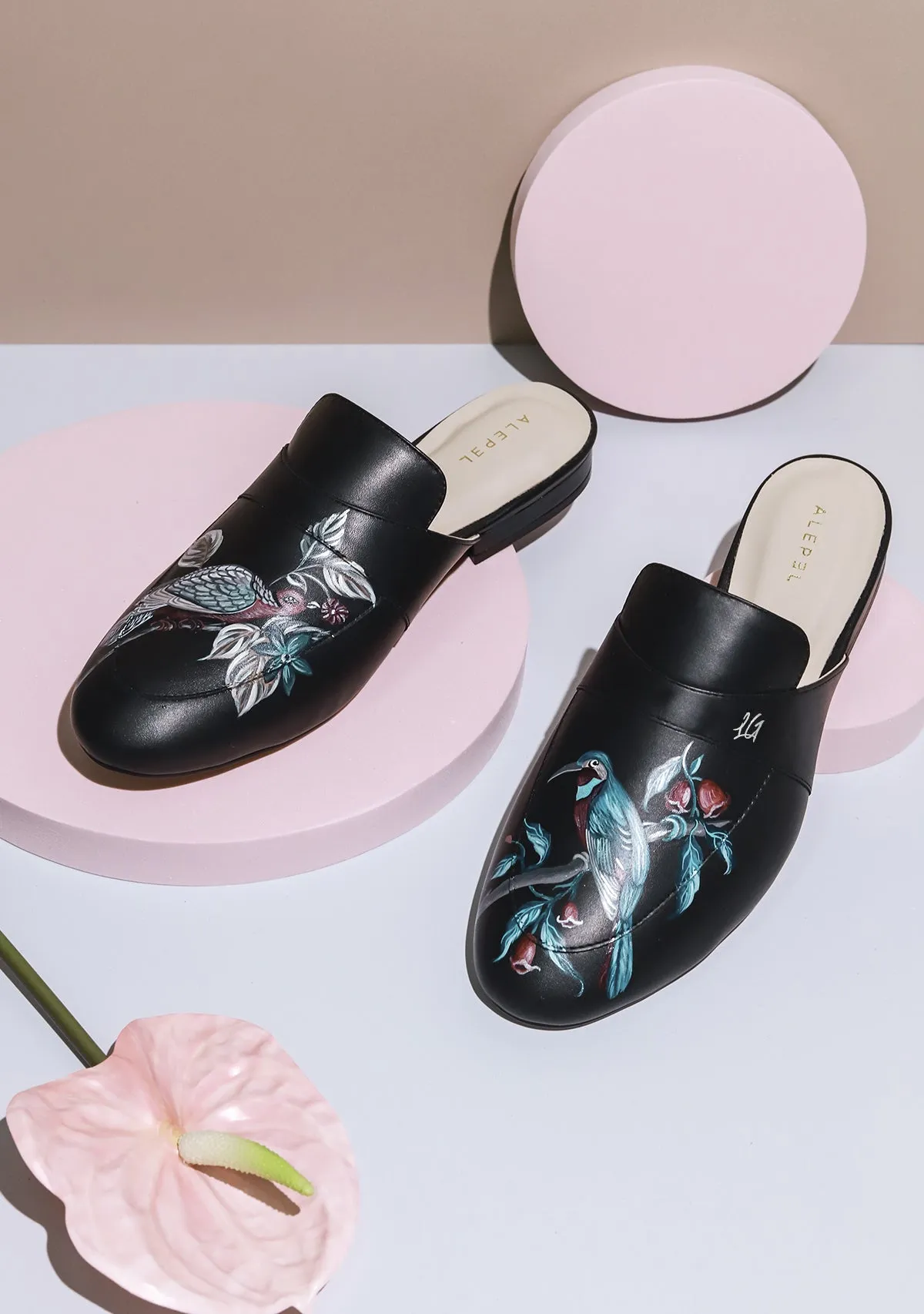 Reinforced Soles Plum Birds Black Mule