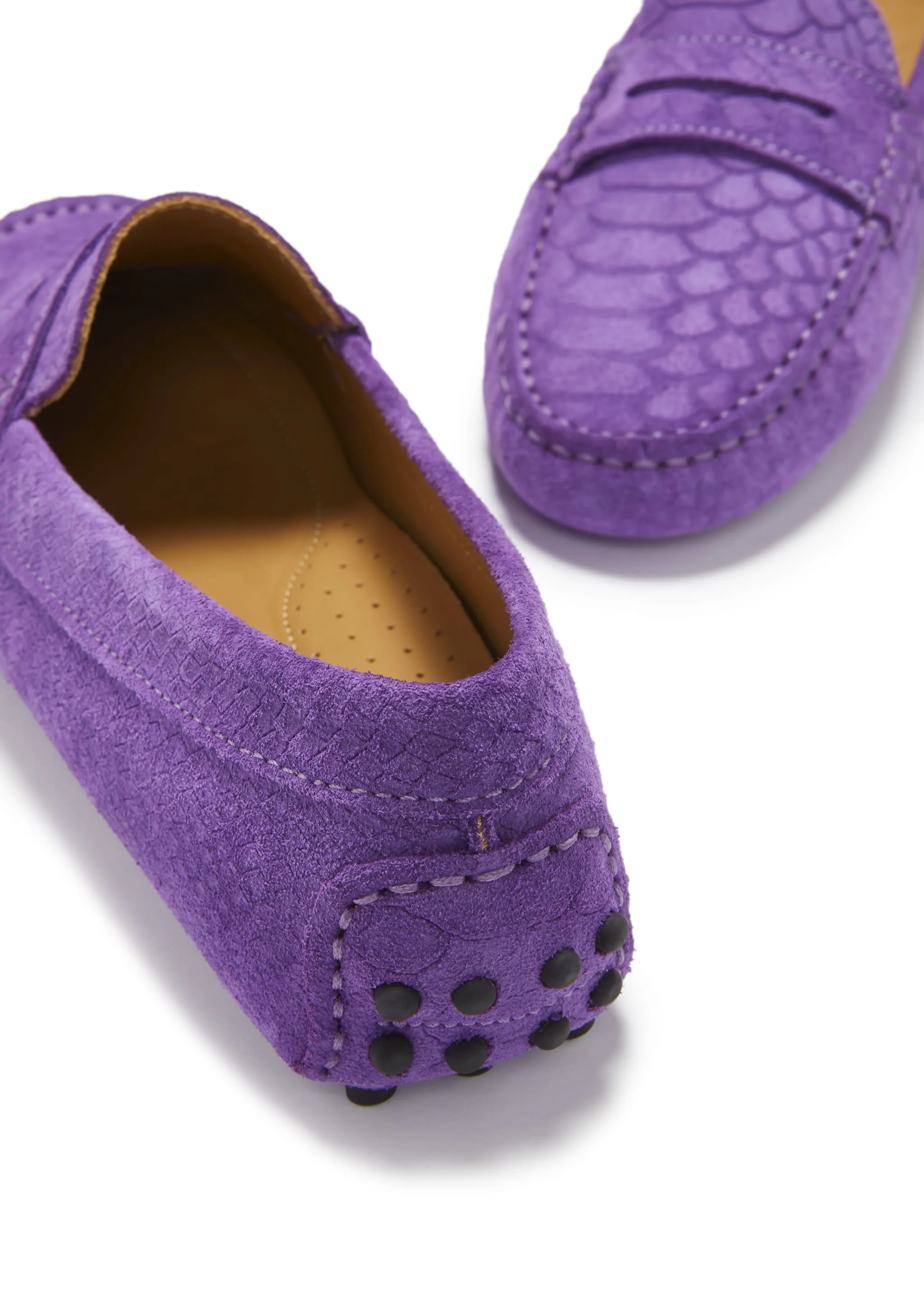 Neat Path Women's Penny Driving Loafers, purple embossed suede