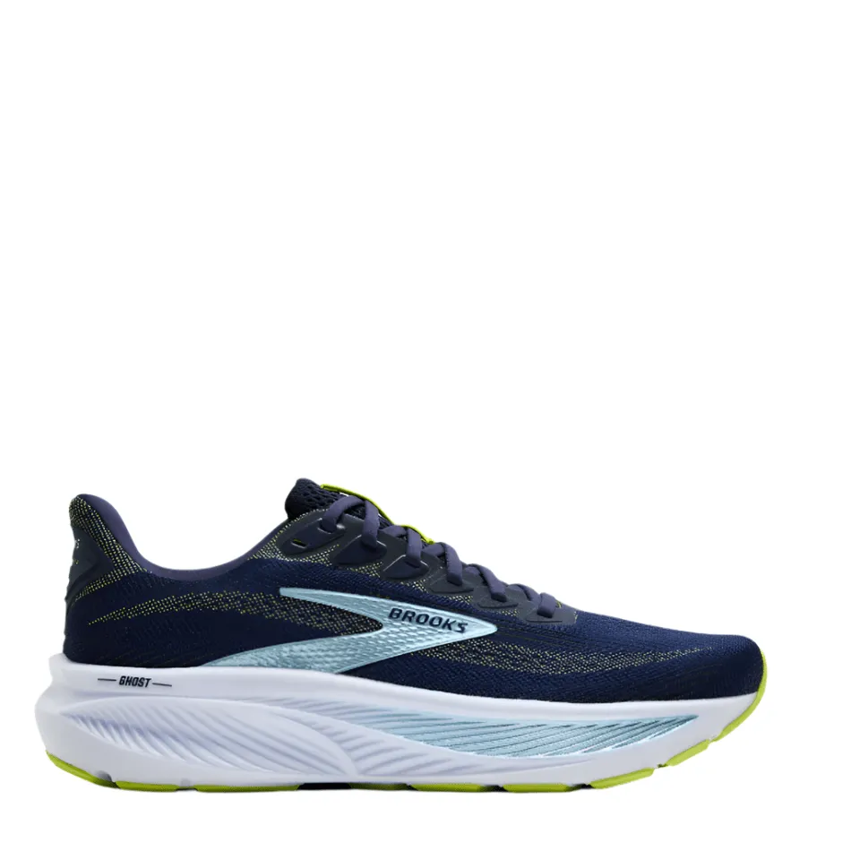 Brooks Men's Ghost 17 2E Wide Fit Running Shoes in Peacoat/Lime/Blue AW25 running in a frozen waterfall area shoes soccer - compatible shoes