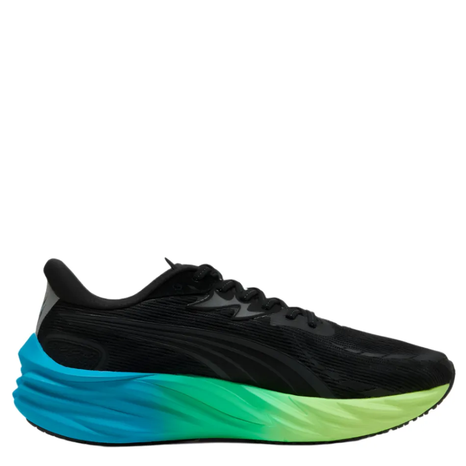 PUMA Men's Velocity NITRO 4 Running Shoes in PUMA Black/Speed Blue AW25 running on concrete