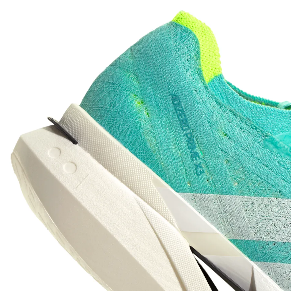 logo - laced shoes lace - up design Adidas Unisex Adizero Prime X3 Strung Running Shoes in Flash Aqua/Zero Metalic/Lucid Lemon AW25