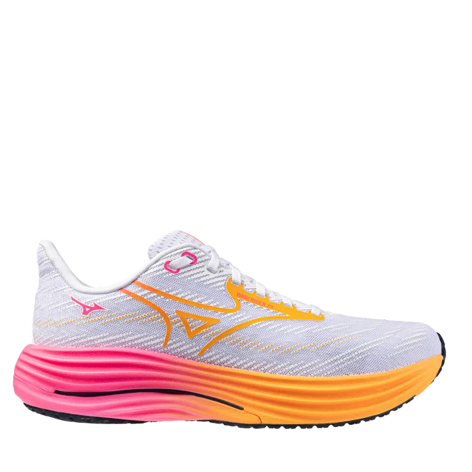 Mizuno Unisex Wave Rider 29 Running Shoes in White/Tang Orange/Pink Tetra AW25 Amateur athletes training aids