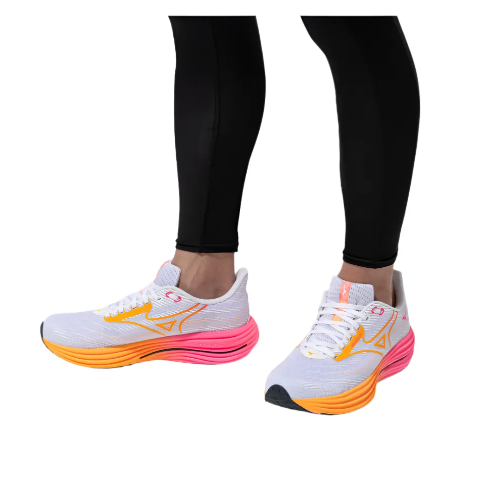 Mizuno Unisex Wave Rider 29 Running Shoes in White/Tang Orange/Pink Tetra AW25 gym compatibility