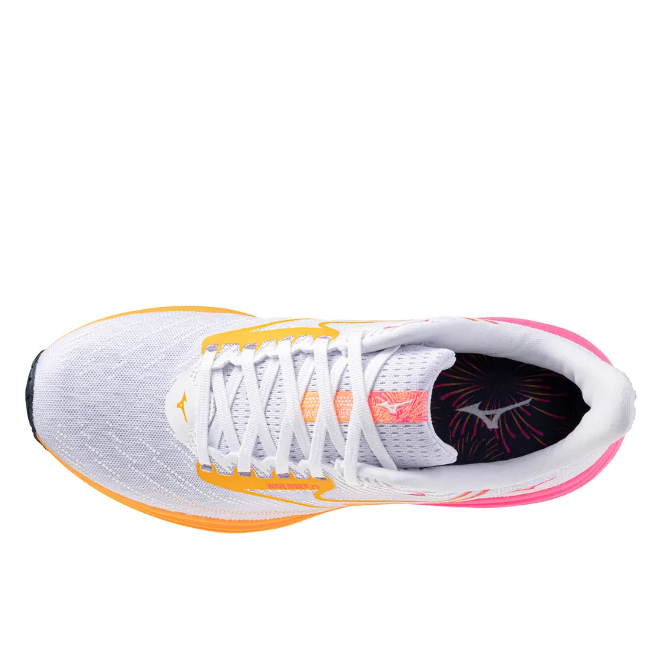 Multi-color combination Mizuno Unisex Wave Rider 29 Running Shoes in White/Tang Orange/Pink Tetra AW25