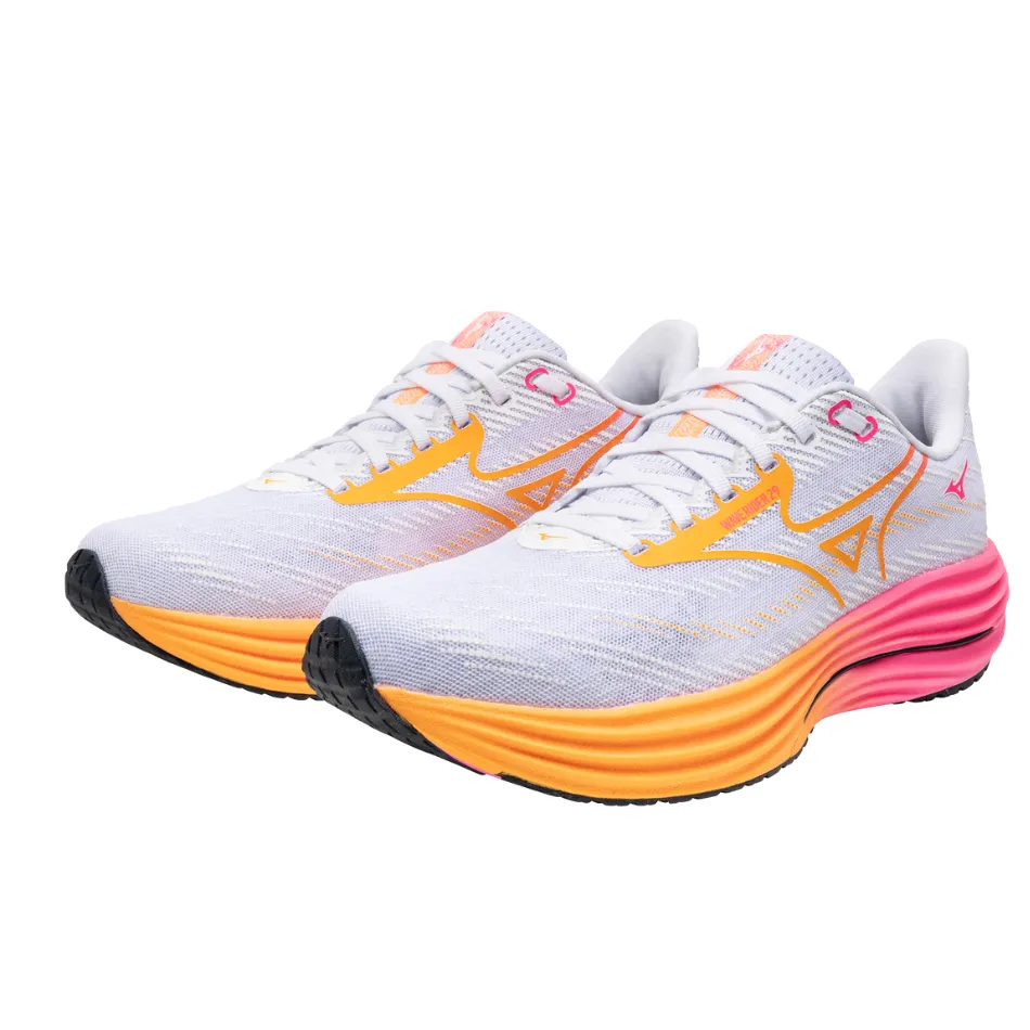 running in a road race shoes Mizuno Unisex Wave Rider 29 Running Shoes in White/Tang Orange/Pink Tetra AW25