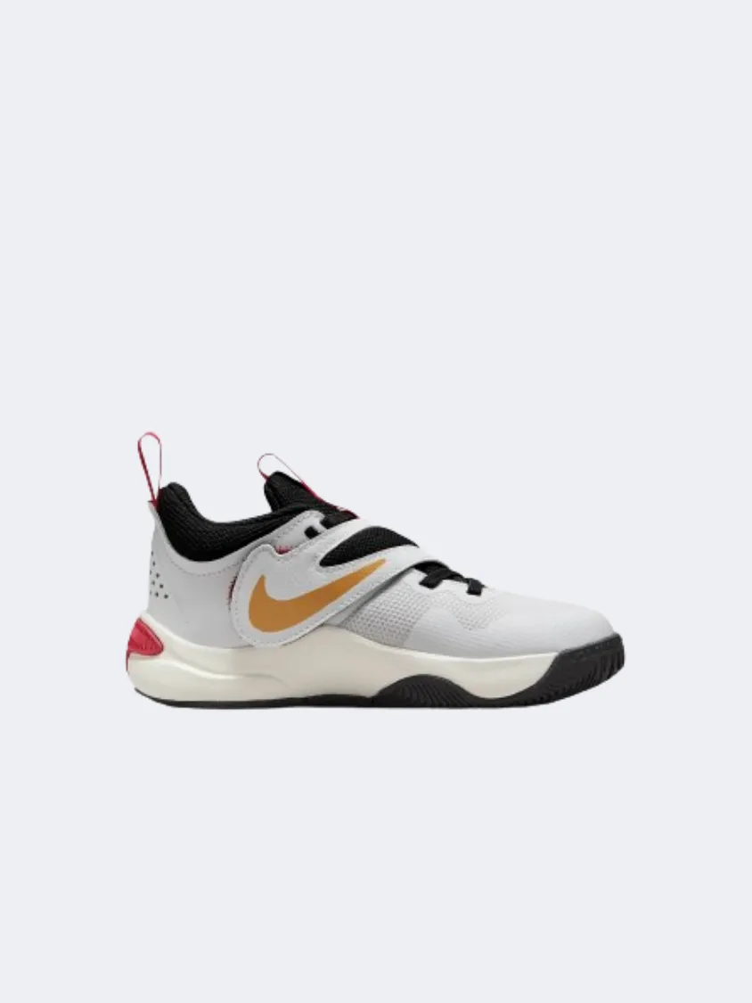 Nike Team Hustle 11 Ps-Boys Basketball Shoes White/Gold/Red/Black Hard Stop