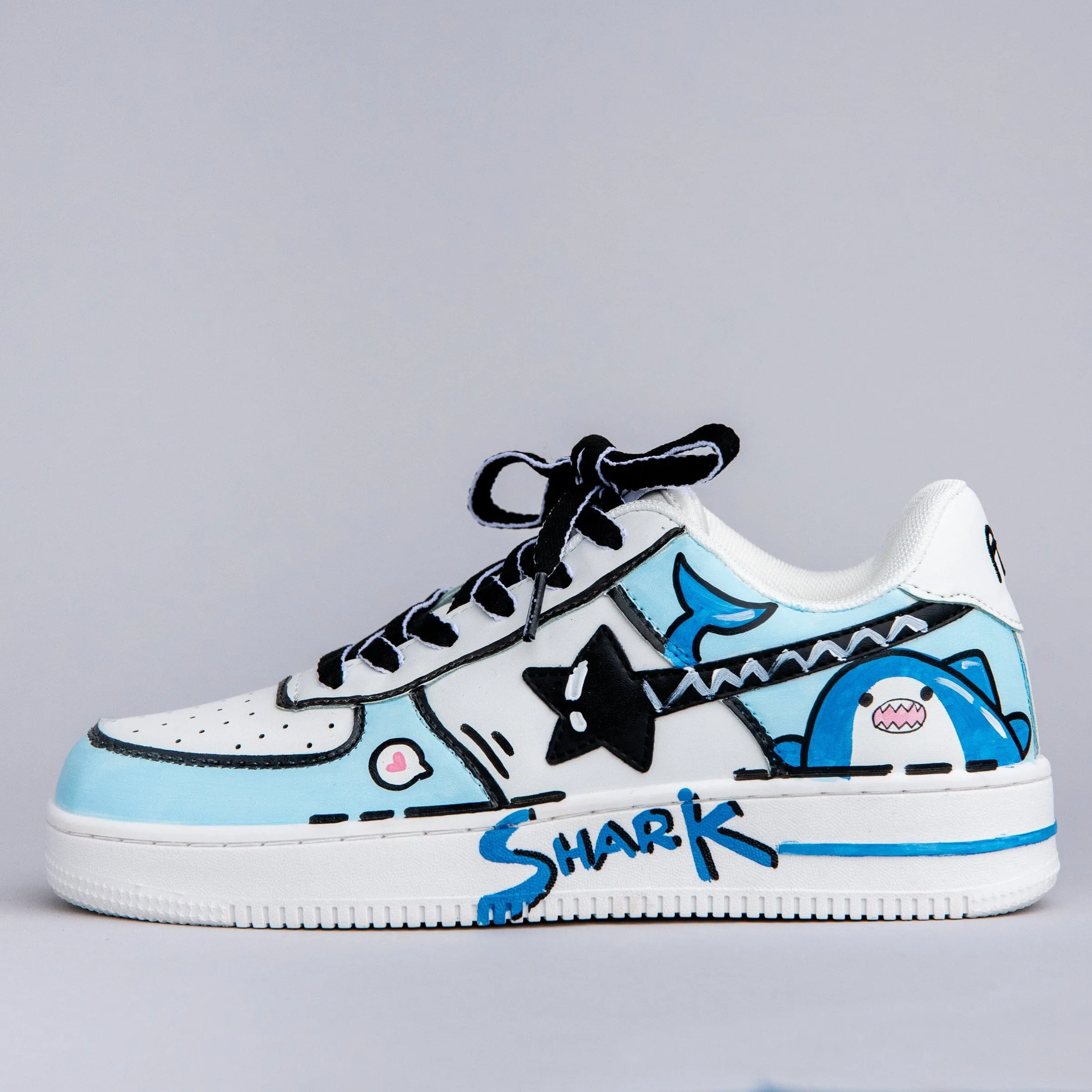 Low Top Anti Slip Design Hand Painted Bruce the Shark Casual White Shoes - Unisex