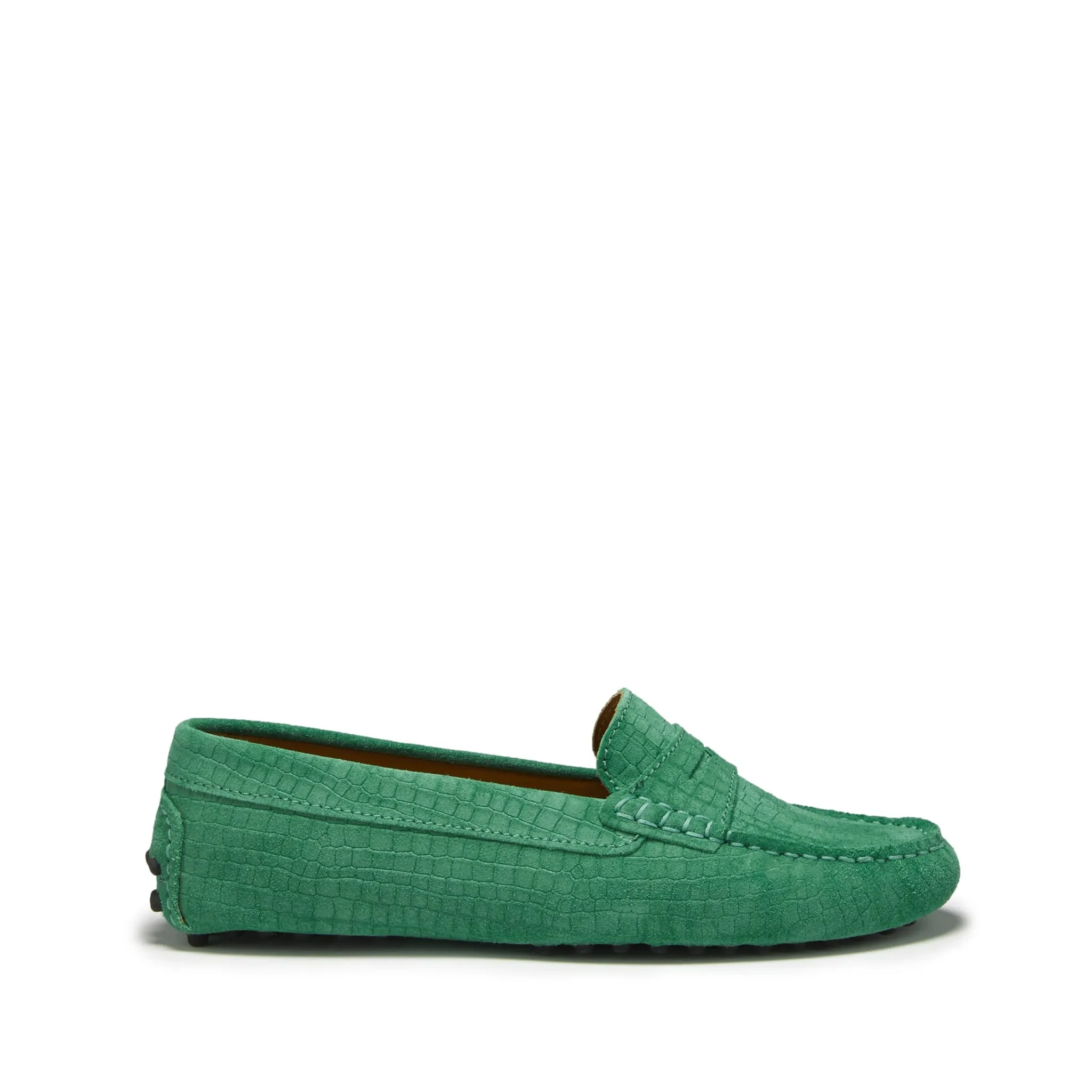 Women's Penny Driving Loafers, emerald embossed suede Foot Care