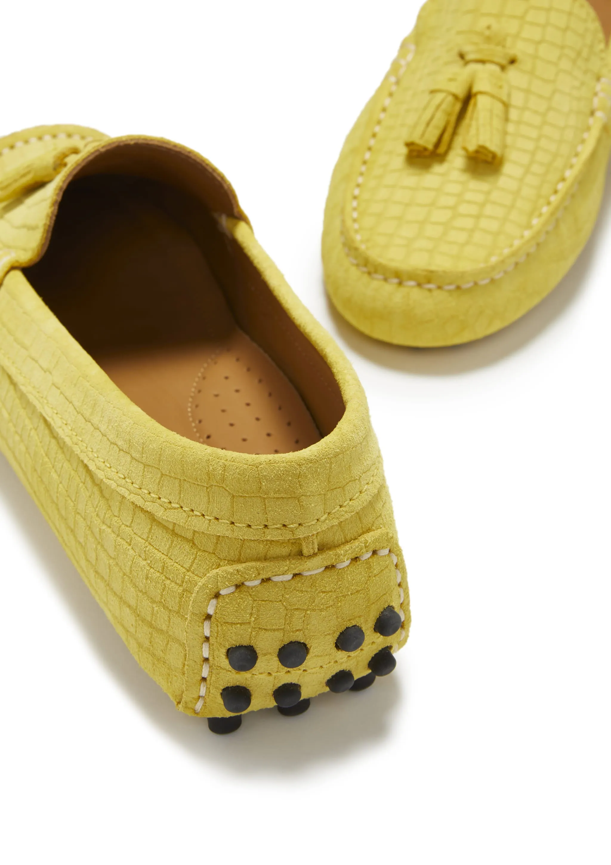 Women's Tasselled Driving Loafers, yellow embossed suede Supportive Walk