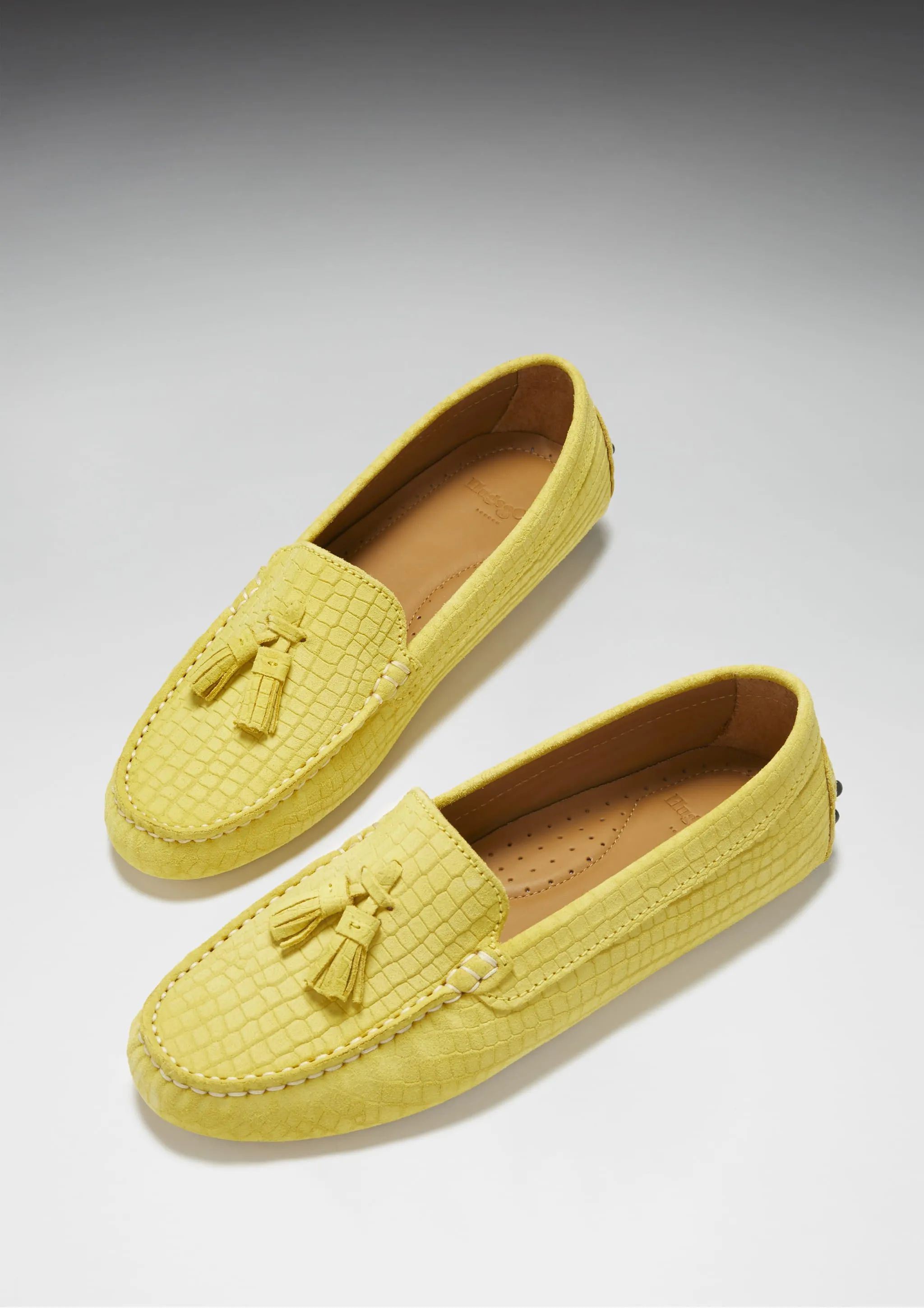 Women's Tasselled Driving Loafers, yellow embossed suede Grip Strong