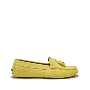 Smooth Walk Women's Tasselled Driving Loafers, yellow embossed suede