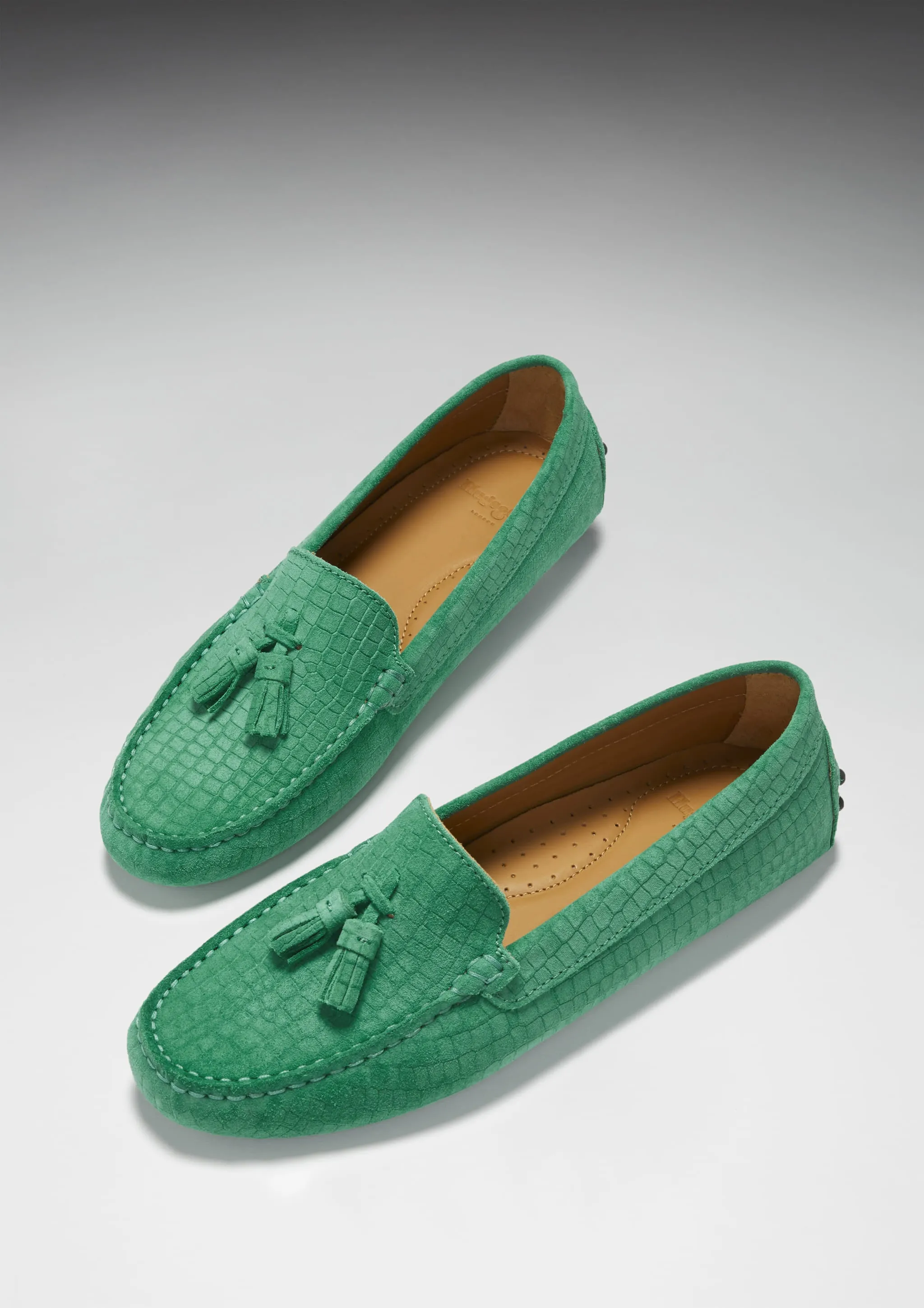 Refined Presence Women's Tasselled Driving Loafers, emerald embossed suede