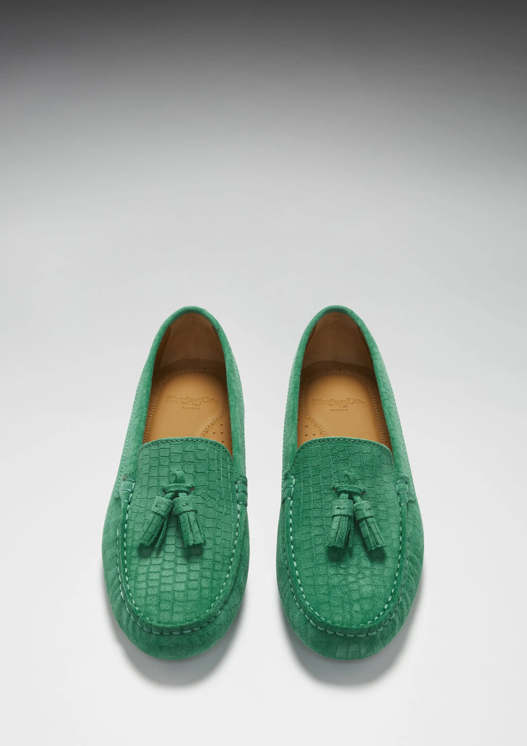 Women's Tasselled Driving Loafers, emerald embossed suede Premium Slip-on Comfort Train Ride