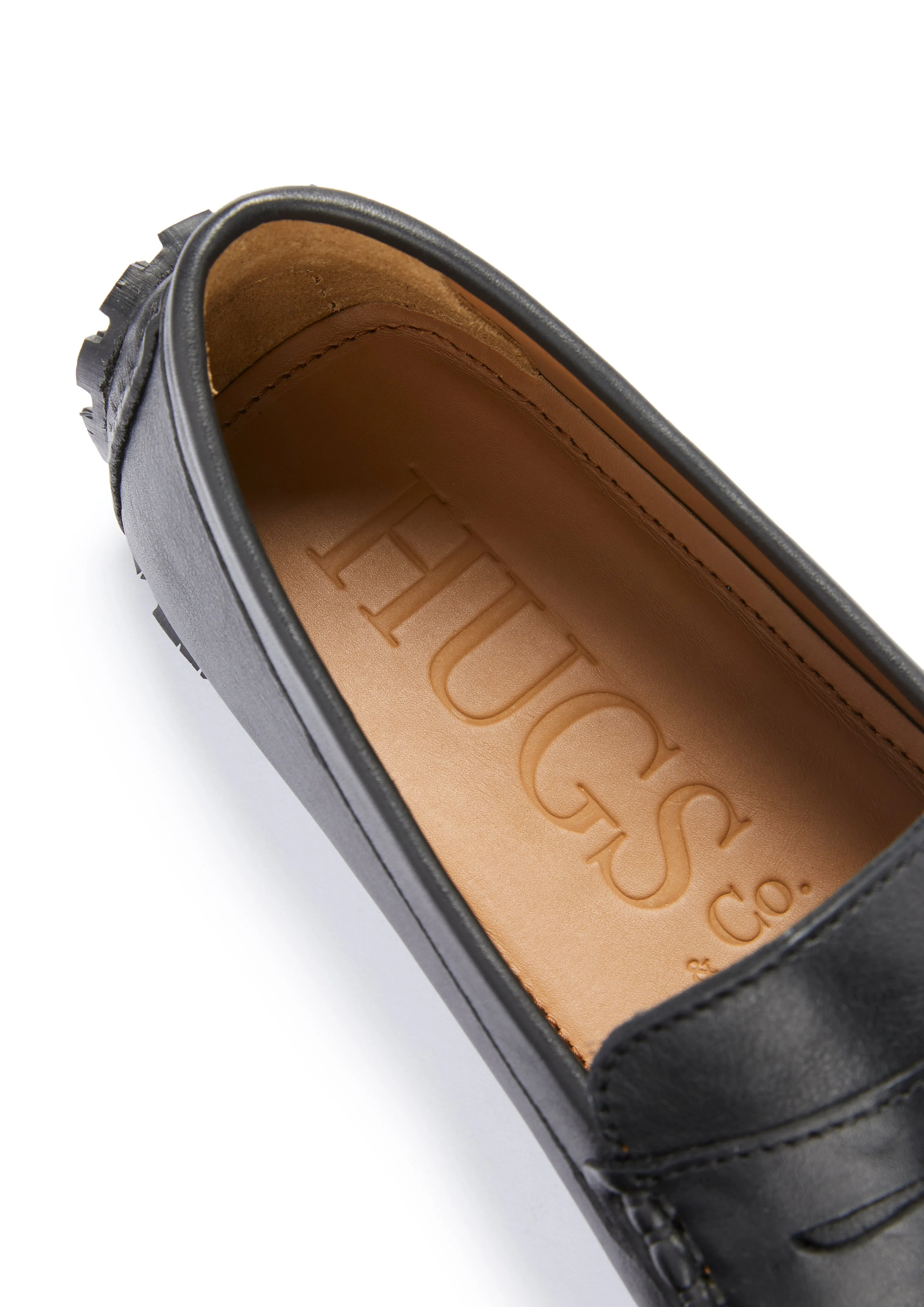 French Design Step Power Tyre Sole Penny Driving Loafers, black leather