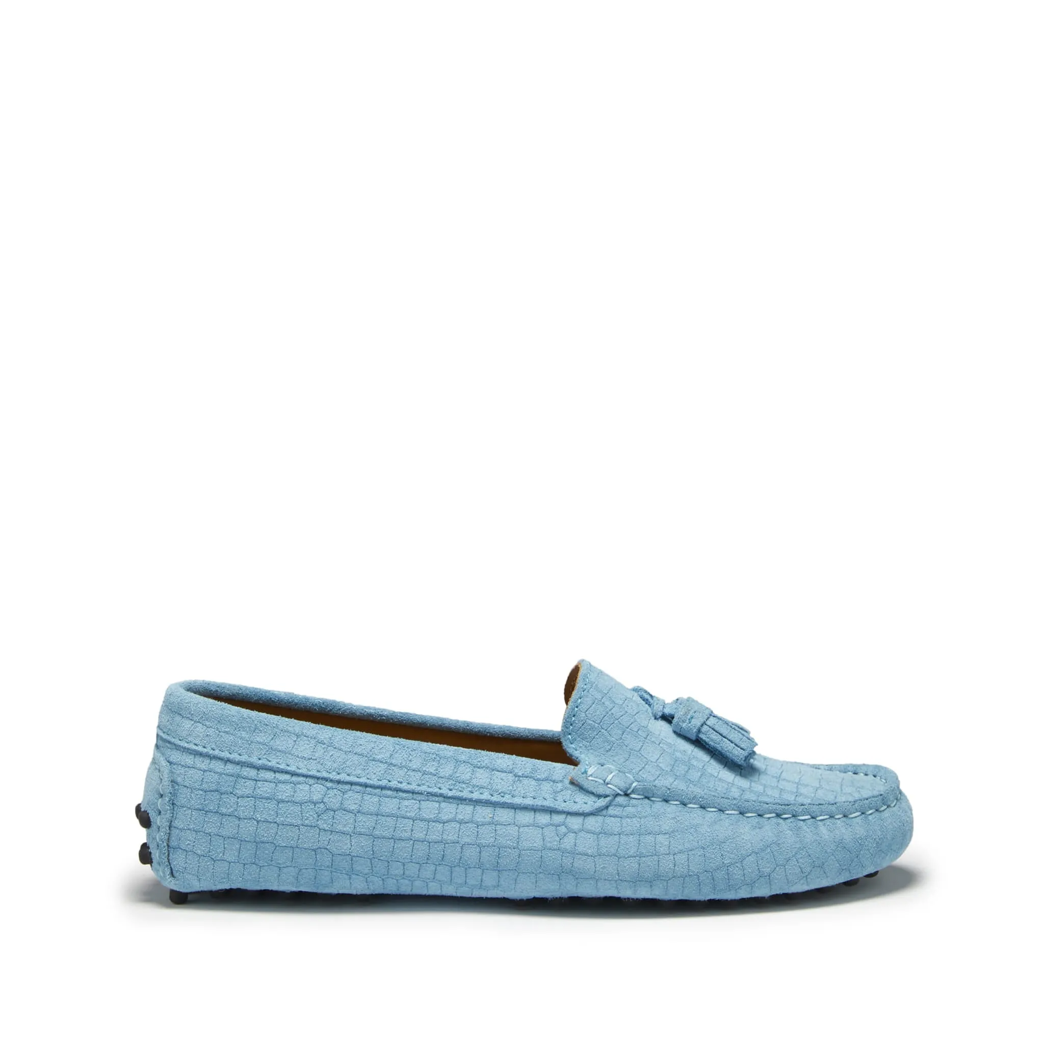 Office-Ready Shoes Hand-Burnished Women's Tasselled Driving Loafers, blue embossed suede