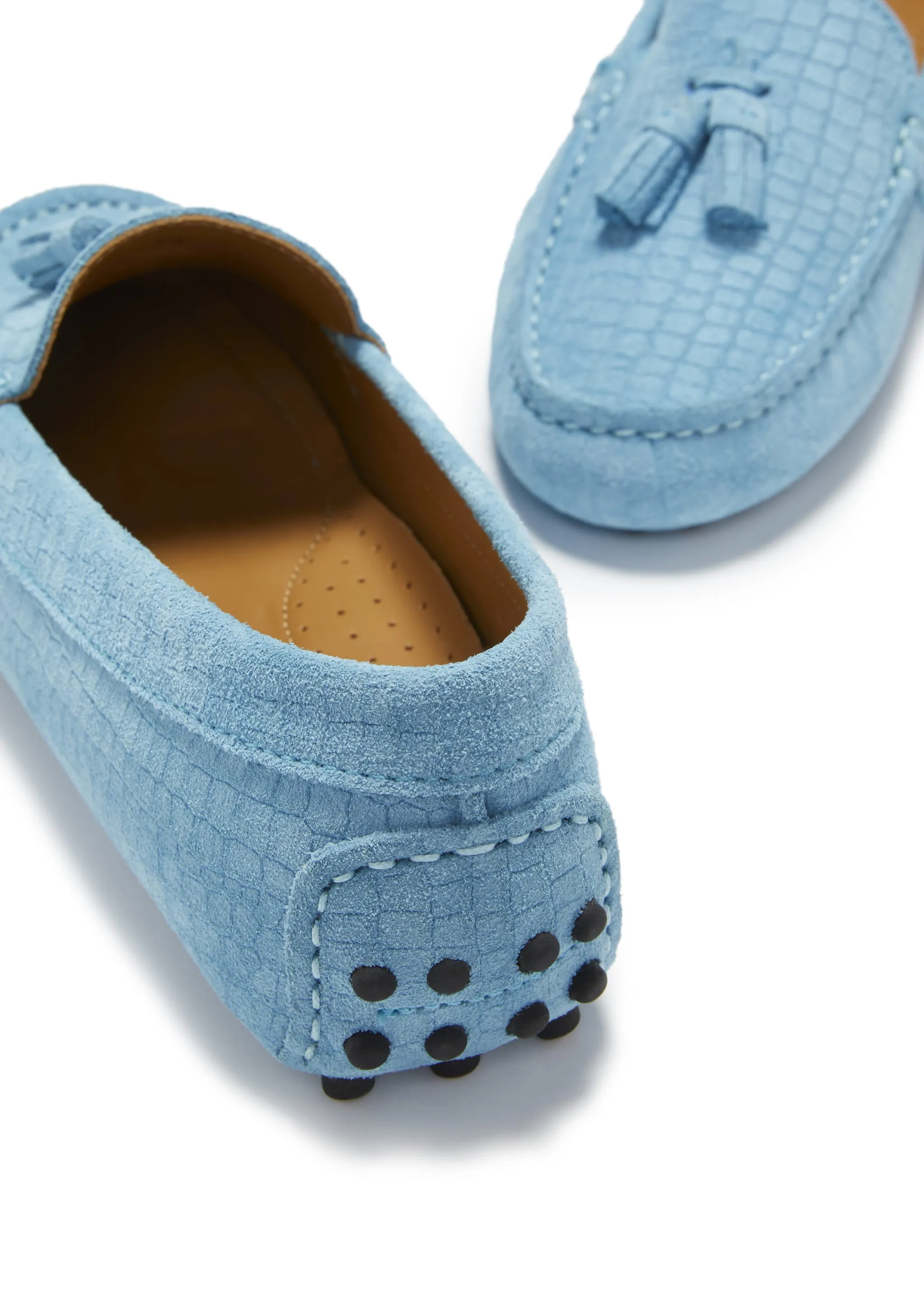Women's Tasselled Driving Loafers, blue embossed suede Casual Style Slip-ons Sunny Path
