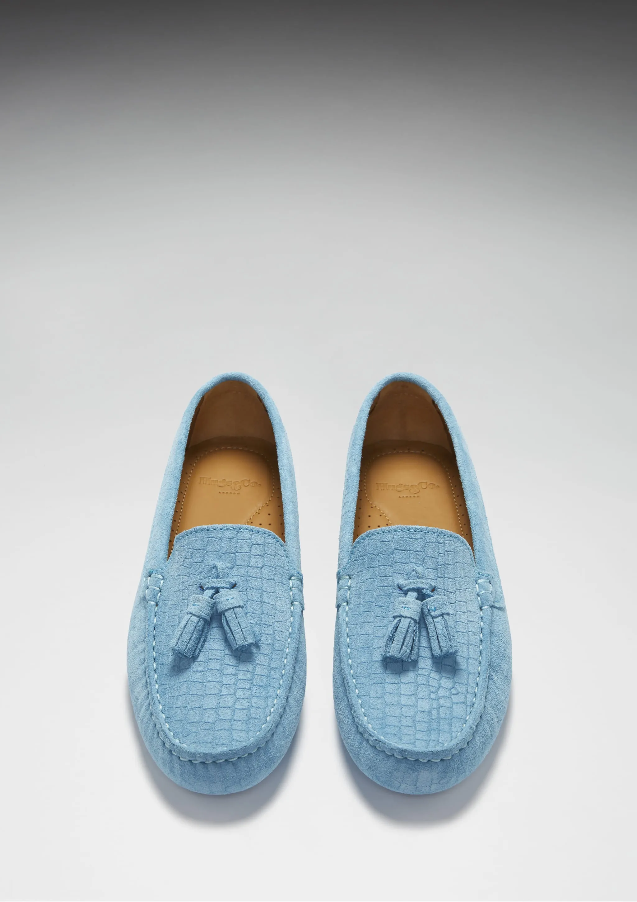 Women's Tasselled Driving Loafers, blue embossed suede Sophisticated Look