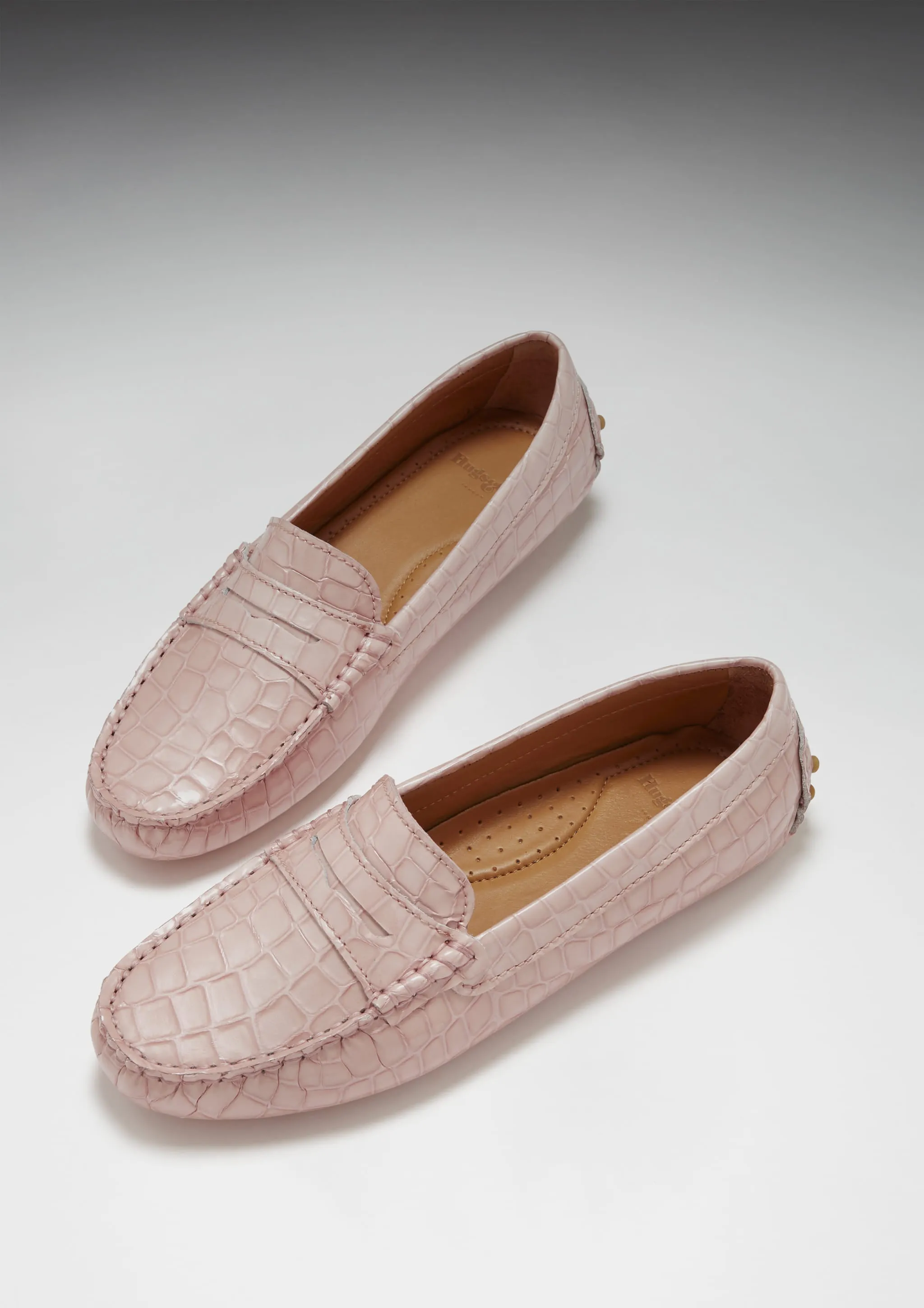 Women's Penny Driving Loafers, powder pink print patent leather Minimal Shape School Style