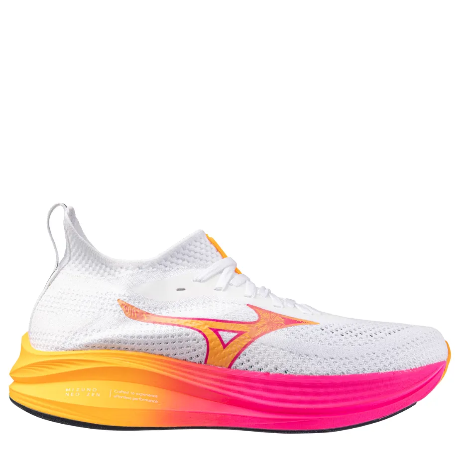 Mizuno Unisex Neo Zen Running Shoes in White/Tang Orange/Pink Tetra AW25 Youth model reinforced - areas