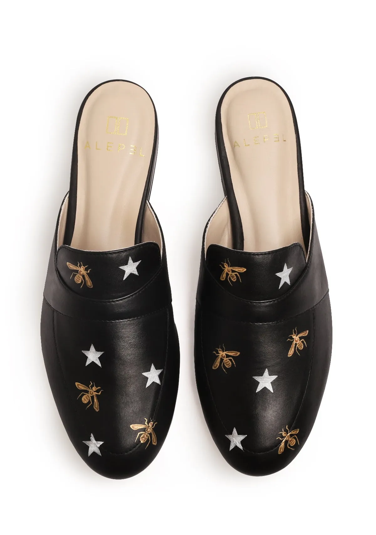 Metallic Bees and Stars Black Mule Comfortable Travel Relaxing Step