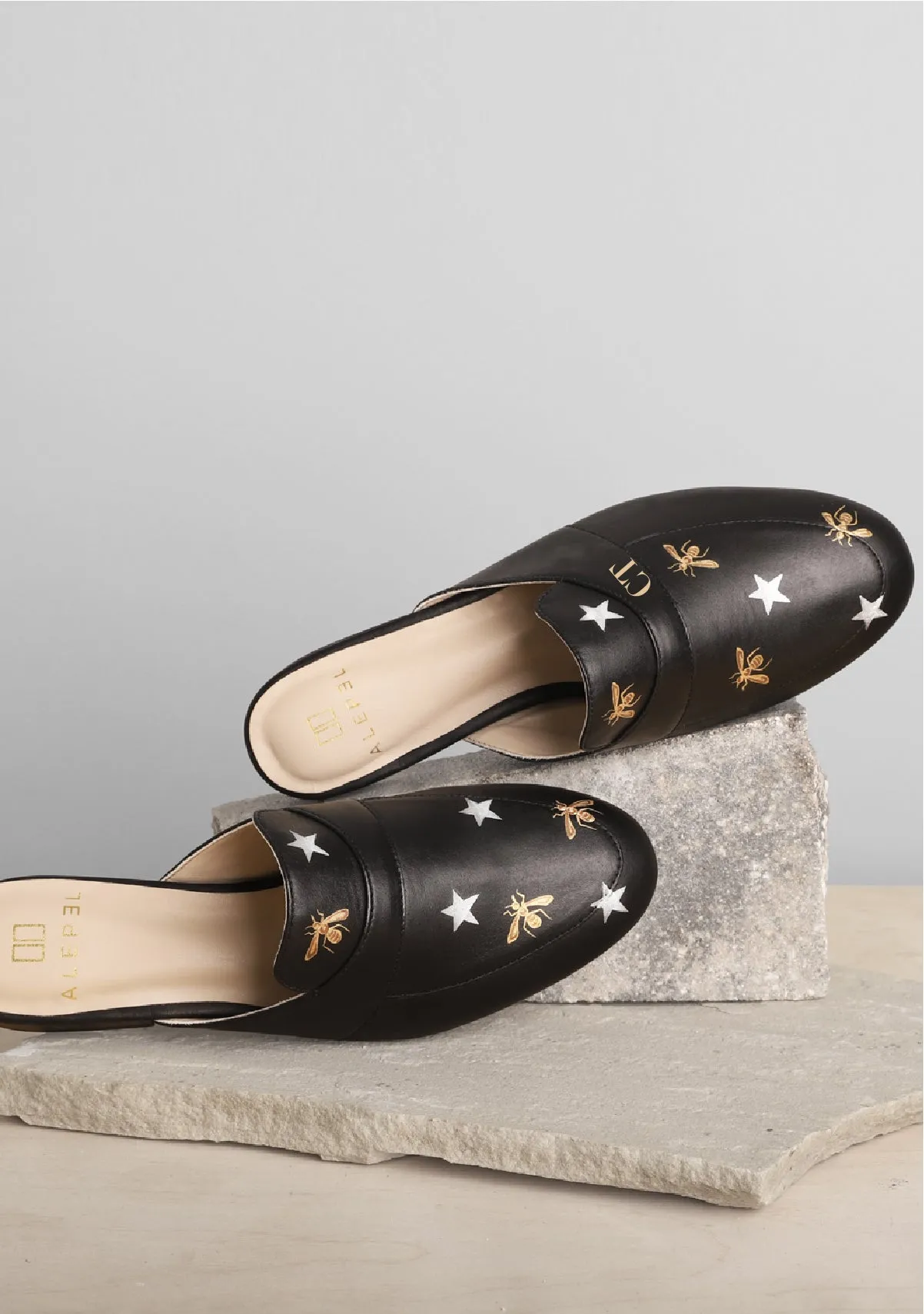 Abrasion resistant Slip Resistant Metallic Bees and Stars Black Mule